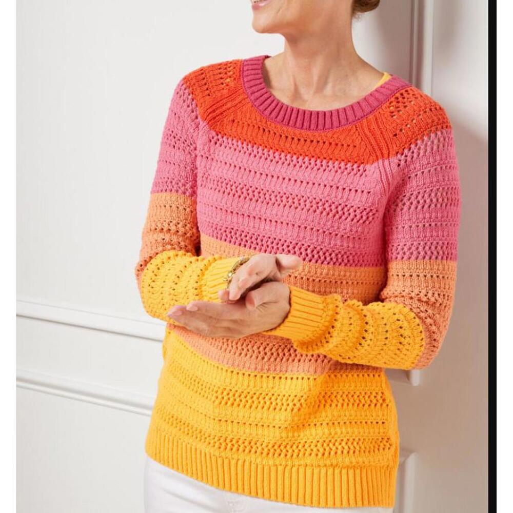 Talbots Striped Scoop-Neck Crochet Sweater in Pink, Orange & Yellow